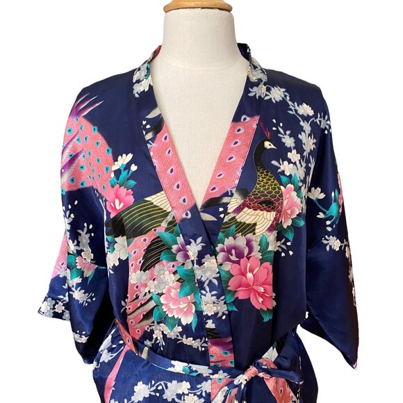 Peacock & Cherry Blossom Asian Inspired Silky Kimono Robe Navy Tik Tok Mini-M/L - Picture 3 of 10